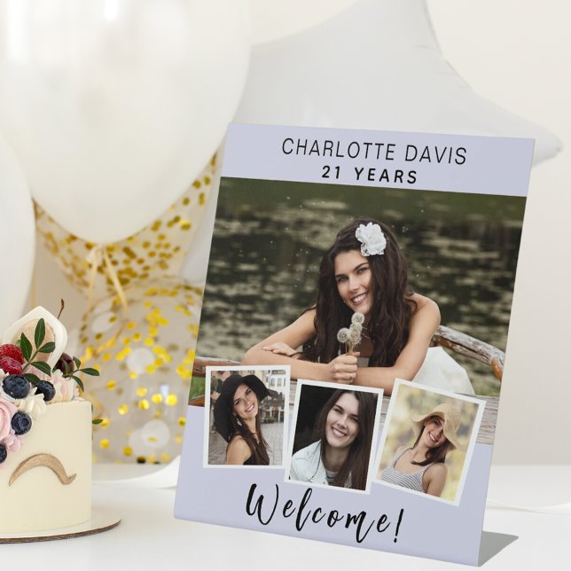 Photo collage lavender birthday party welcome pedestal sign (Creator Uploaded)