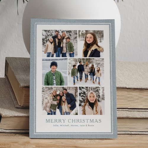 Photo collage light blue checked frame Christmas Holiday Card