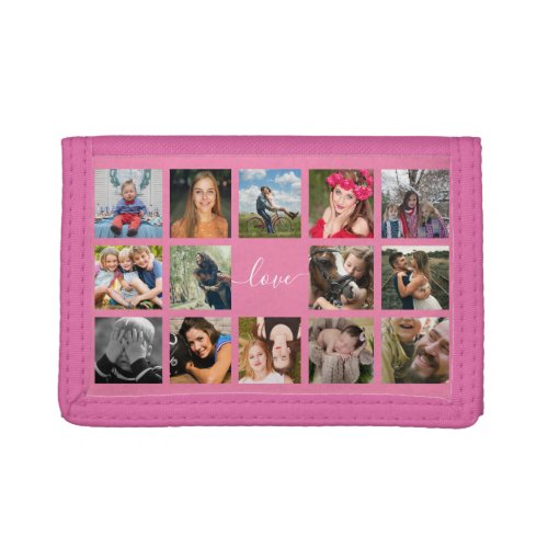 Photo Collage Love Script Pink Trifold Wallet