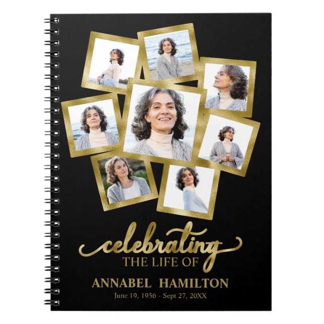 Photo Collage Memorial Funeral Black Guest Book (Front)