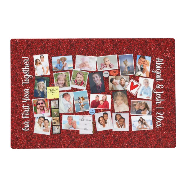 Photo Collage Memories Anniversary Red Glitter Placemat (Front)