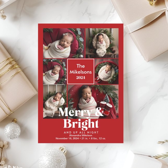 Photo Collage Merry and Bright Birth Announcement (Creator Uploaded)