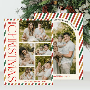 Photo Collage Merry Christmas Arch Retro Stripes Holiday Card