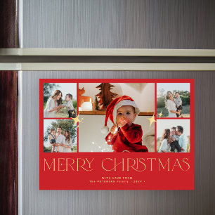 Photo collage Merry Christmas red magnetic card