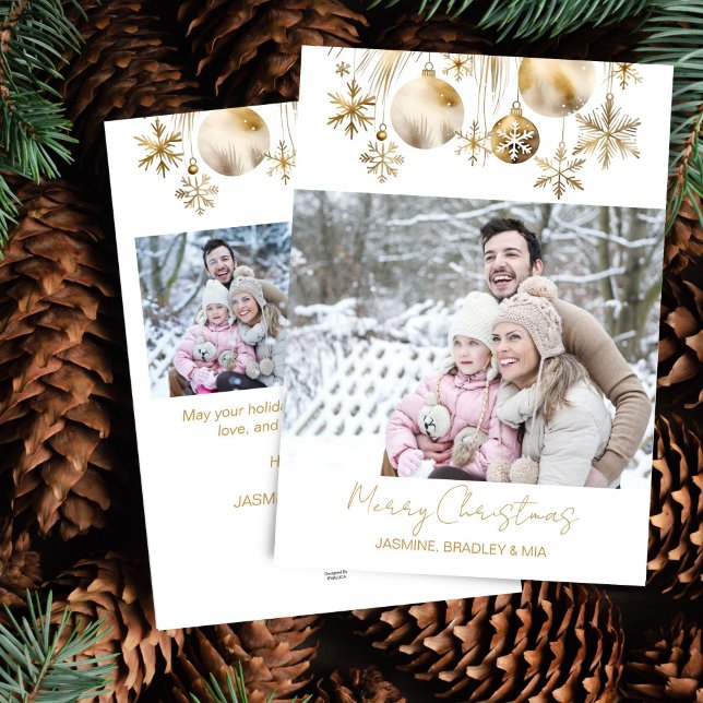Photo collage Merry Christmas white gold boho Holiday Card (Photo collage Merry Christmas white gold boho Holiday Card editable photo template gold baubles snow)