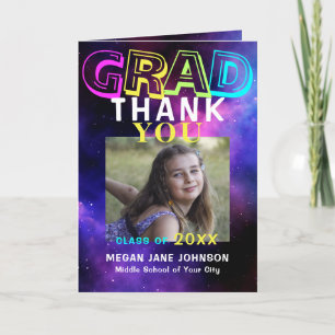 Photo collage middle school year graduation neon letterpress thank you card