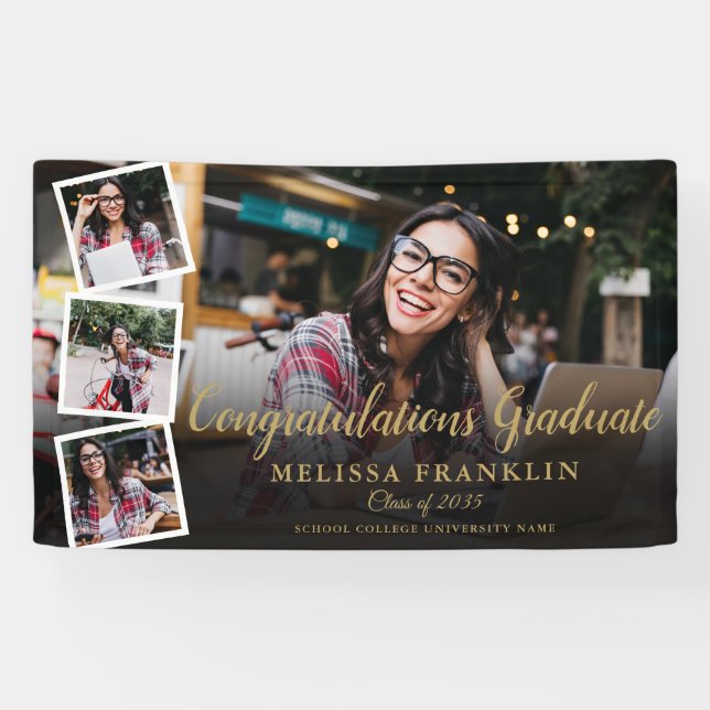 Photo Collage Modern Gold Graduation Party Banner (Horizontal)