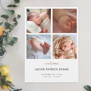 Photo Collage Modern Gold Script Boy Girl Birth Announcement