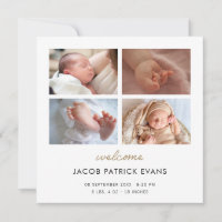 Photo Collage Modern Gold Script Boy Girl Birth  Announcement