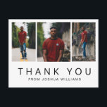 Photo Collage Modern Graduation Thank You Postcard<br><div class="desc">Minimalist guy graduation thank postcard with multiple photos. The front has a three photo collage with "Thank You" in large letters along with the graduate's name in black over a white background. The backside has your personal message and return address for easy mailing. This modern and simple thank you postcard...</div>