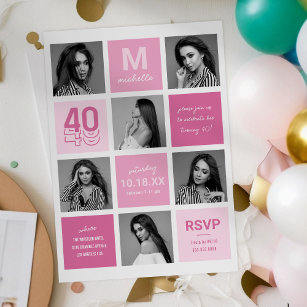 Photo Collage Modern Pink 40th Birthday Invitation