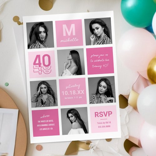 Photo Collage Modern Pink 40th Birthday Invitation