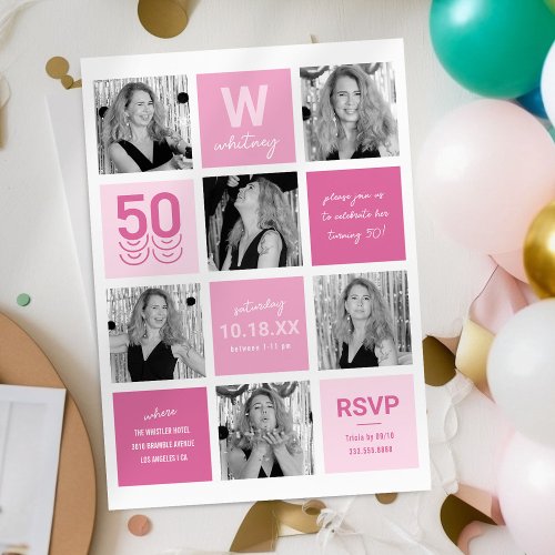 Photo Collage Modern Pink 50th Birthday Invitation