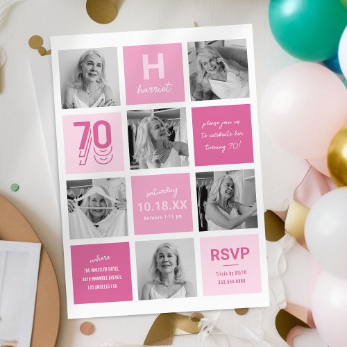 Photo Collage Modern Pink 70th Birthday Invitation