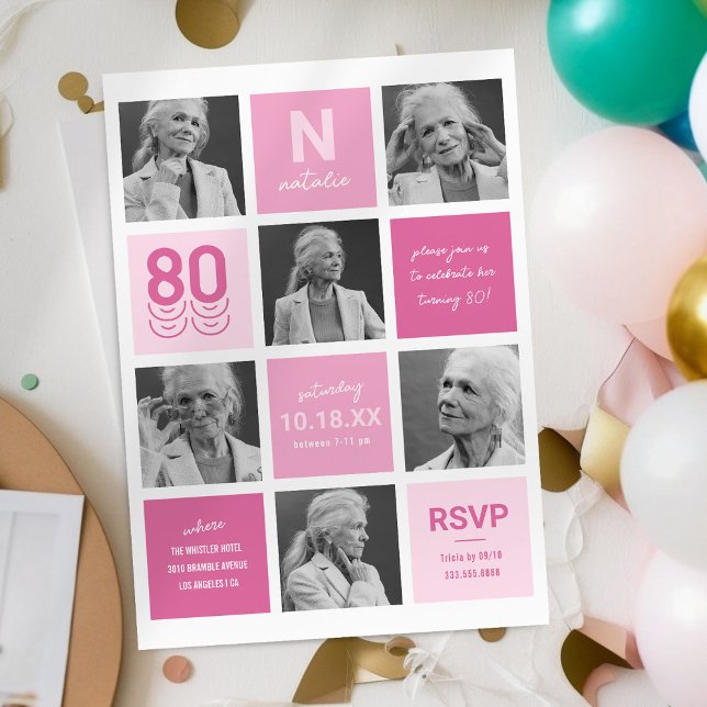 Photo Collage Modern Pink 80th Birthday Invitation (Creator Uploaded)