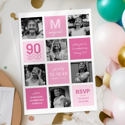 Photo Collage Modern Pink 90th Birthday Invitation