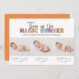 Photo collage modern triplet birth announcement
