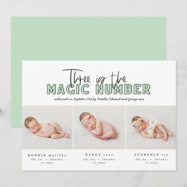 Photo collage modern triplet birth announcement (Front/Back)