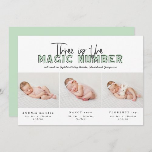 Photo collage modern triplet birth announcement