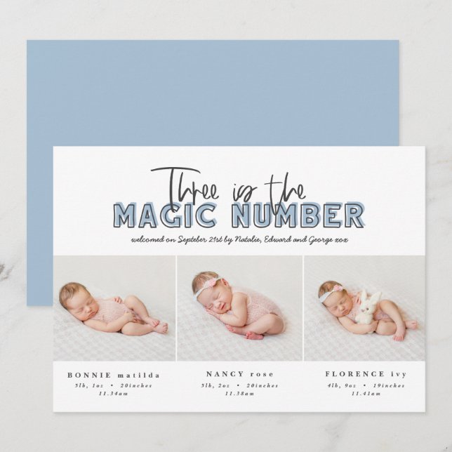 Photo collage modern triplet birth announcement (Front/Back)