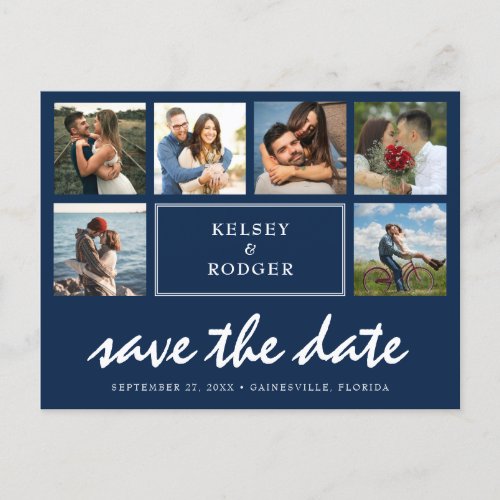 Photo Collage Modern Wedding Save the Date Blue Postcard