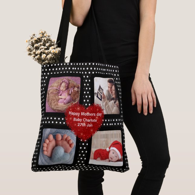 Photo collage mom mother black polka dot red heart tote bag (Close Up)