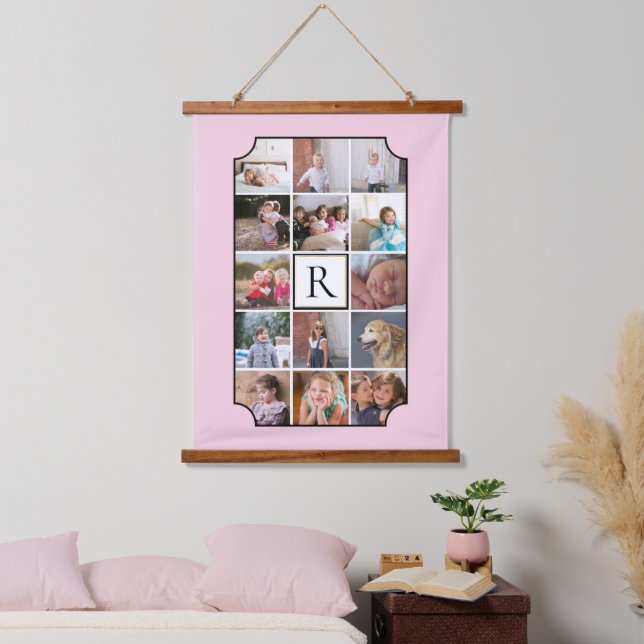 Photo collage monogram curved corners blush pink hanging tapestry (Bedroom)