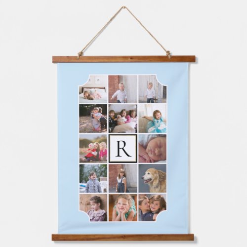 Photo collage monogram curved corners light blue hanging tapestry