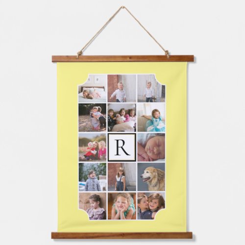 Photo collage monogram curved corners light yellow hanging tapestry