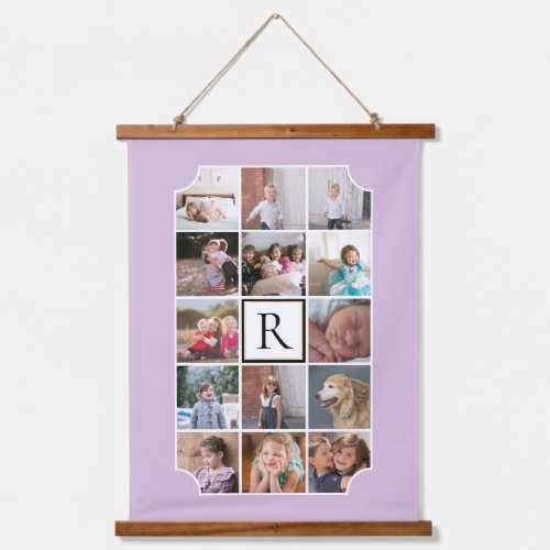 Photo collage monogram curved corners purple hanging tapestry