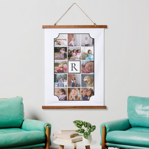 Photo collage monogram curved corners white hanging tapestry