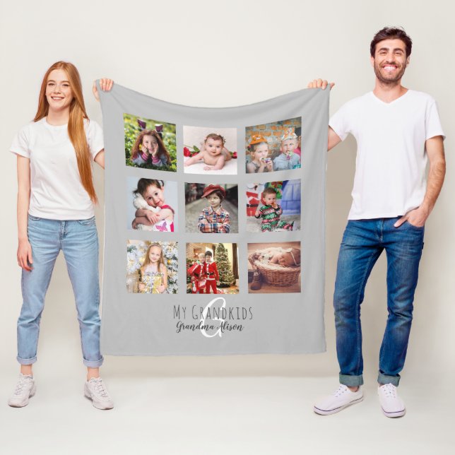 Photo Collage Monogram Grandparent Grandkids Gray Fleece Blanket (In Situ)