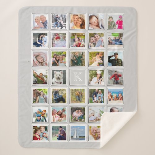 Photo Collage Monogram Gray Silver Frame 34 Photos Sherpa Blanket - Make a collage of 34 of your favorite photos commemorating a special event, occasion or milestone or for a special gift. Includes a monogram in the center. You can change the GRAY background color to coordinate with your photos, color scheme or home decor by clicking on the CUSTOMIZE FURTHER tab. 
PHOTO TIP:  For fastest/best results, choose photos with the subject in the middle and/or pre-crop them to a square shape BEFORE uploading and they will fill the photo spaces perfectly. The monogram text font style and color can be changed as well as the size can be reduced to add text/title/name instead of an initial. Design it your way! Contact the designer if you'd like this design modified or on another product.