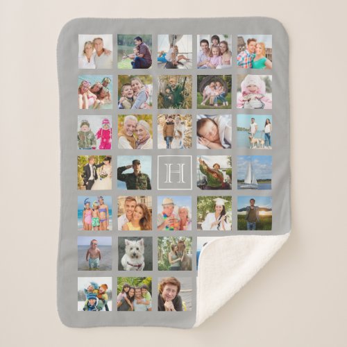 Photo Collage Monogram Gray White Sherpa Blanket - Make a collage of 34 of your favorite photos commemorating a special event, occasion, milestone or for a special gift. Add a monogram to personalize it. Gray and white colors shown. You can change the background, text and monogram frame colors to coordinate with your photos, color scheme or home decor by clicking on the CUSTOMIZE FURTHER tab. 
PHOTO TIP:  For fastest/best results, choose photos with the subject in the middle and/or pre-crop them to a square shape BEFORE uploading and they will fill the photo spaces perfectly. The monogram text font style and color can be changed as well as the size can be reduced to add text/title/name instead of an initial. Design it your way! Contact the designer if you'd like this design modified or on another product.