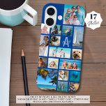Photo Collage Monogram Name 17 Photos Blue iPhone 16 Case<br><div class="desc">Carry 17 of your favorite photos on this custom color cell phone case with a photo collage of a variety of shapes and sizes and personalized with your monogram and name in a modern script font over the initial (shown in blue). Change the font styles and all colors in EDIT....</div>