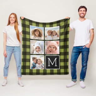 Photo Collage - Monogram Olive Black Buffalo Plaid Fleece Blanket