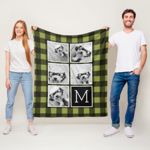 Photo Collage - Monogram Olive Black Buffalo Plaid Fleece Blanket