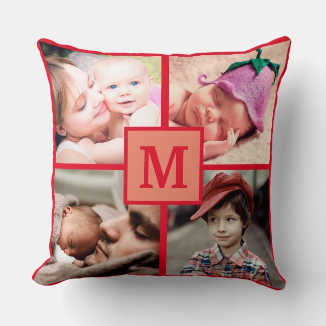 Photo Collage Monogram Personalize Red Pictures Throw Pillow (Front)
