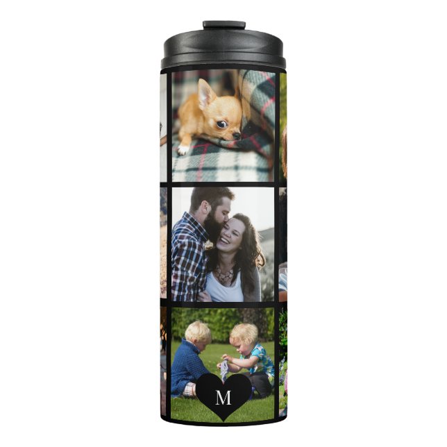 Photo collage monogram personalized modern black thermal tumbler (Front)