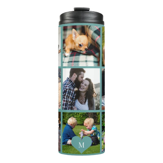 Photo collage monogram personalized modern green thermal tumbler (Front)