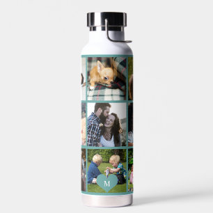 Photo collage monogram personalized modern green water bottle