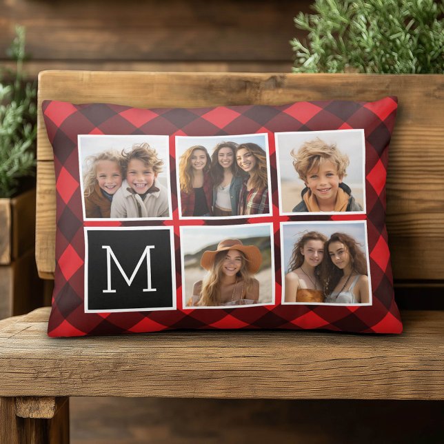 Photo Collage - Monogram Red Black Buffalo Plaid Accent Pillow (Custom Photo Pillow)