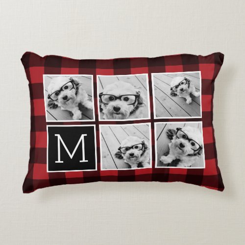 Photo Collage _ Monogram Red Black Buffalo Plaid Accent Pillow