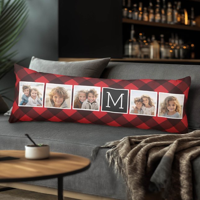 Photo Collage - Monogram Red Black Buffalo Plaid Body Pillow (Custom Photo Collage and Monogram Body Pillow)