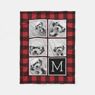 Photo Collage - Monogram Red Black Buffalo Plaid Fleece Blanket