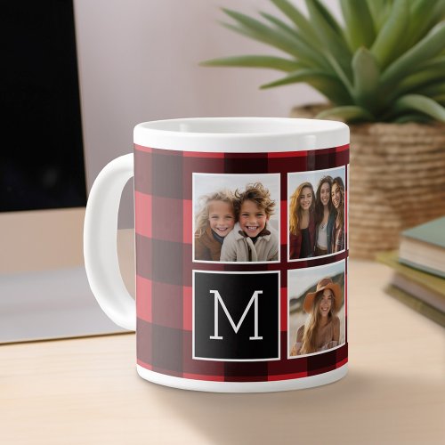 Photo Collage _ Monogram Red Black Buffalo Plaid Large Coffee Mug