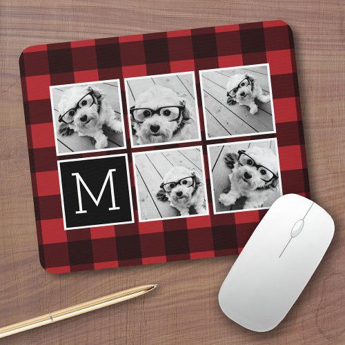 Photo Collage _ Monogram Red Black Buffalo Plaid Mouse Pad