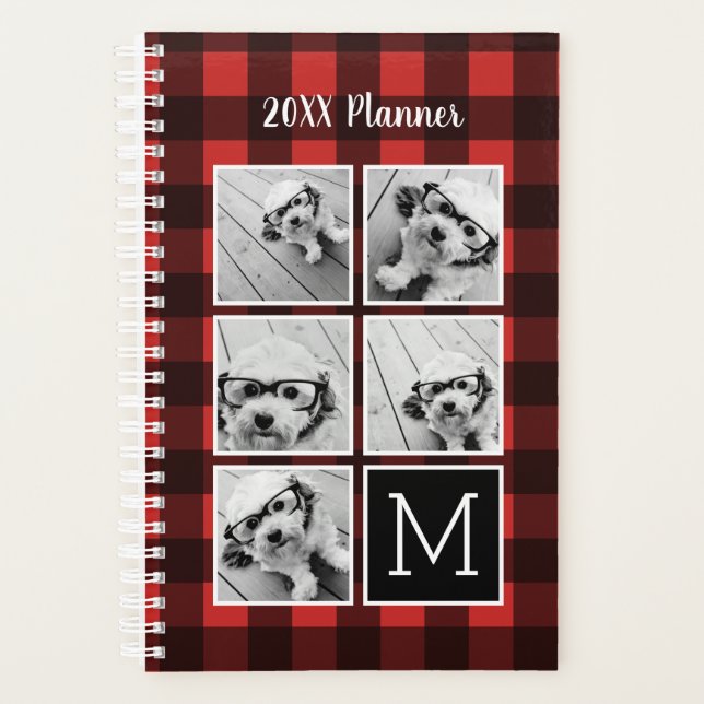 Photo Collage - Monogram Red Black Buffalo Plaid Planner (Front)