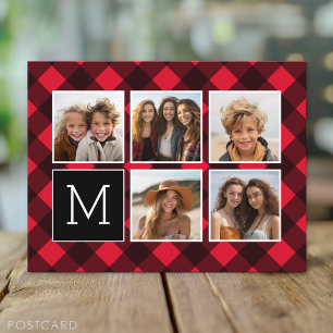 Photo Collage - Monogram Red Black Buffalo Plaid Postcard