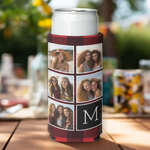 Photo Collage _ Monogram Red Black Buffalo Plaid Seltzer Can Cooler